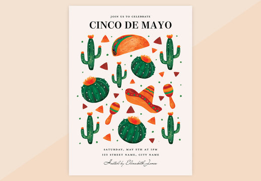Cinco De Mayo Invitation Layout with Cactus and Taco Illustrations