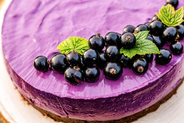 slice of cake with cream and fruits. Black currant cake. Food photo. Berries and flowers. Raw desserts.