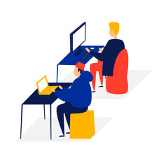 Office life, people work at computers, 3D, isometry, workplace, business, data analysis. Flat style vector illustration.