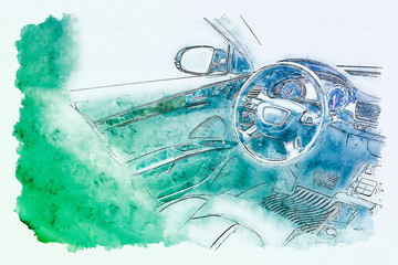 The driver's seat in the car. Simple design. Digital watercolor.