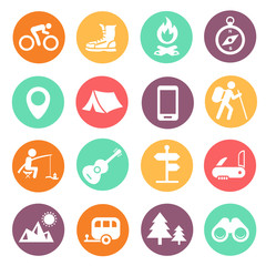 Outdoor traveling icons. Tourism, hiking and camping signs set. Vector