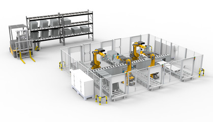 3D rendering - detailed modern robotic assembly line