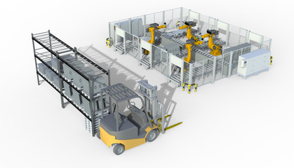 3D rendering - automated factory cell assembly line