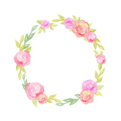 Fototapeta na wymiar watercolor hand drawn flower wreath with pink and green elements isolated on white background, easter decoration, spring card.