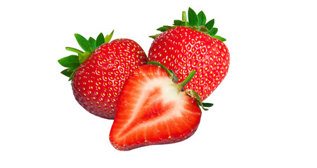Isolated strawberries. Fresh fruits, one cut in half on white background