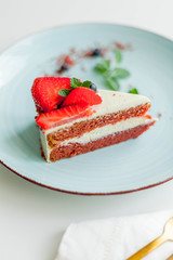 A beautiful piece of cake with berries with butter cream on a white background. Cake with red cakes.