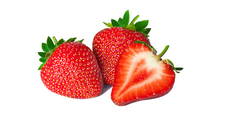 Isolated strawberries. Fresh fruits, one cut in half on white background