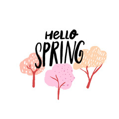 Hello spring - handwritten text and pink blooming trees isolated on white background. Vector flat illustration