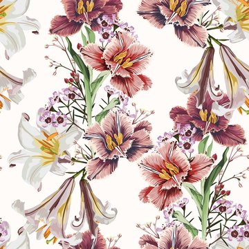 Seamless pattern with white lilies and fluffy tulips flowers and herbs on light background. Floral pattern for wallpaper or fabric.