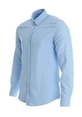 Stylish shirt on mannequin against white background. Men's clothes