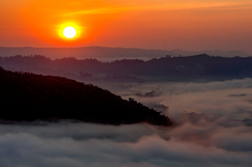 Mountain valley during sunrise. Natural summer landscape