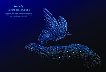 Abstract image Butterfly and hand in the form of a starry sky or space, consisting of points, lines, and shapes in the form of planets, stars and the universe. 3D Low poly vector. Nature protection © Igor