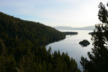 SOUTH LAKE TAHOE, CALIFORNIA, USA - AUGUST 21, 2019:  Emerald Bay on Tahoe Lake in the morning