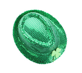 Green leprechaun hat with clover leaf isolated on white, top view. St. Patrick's Day celebration