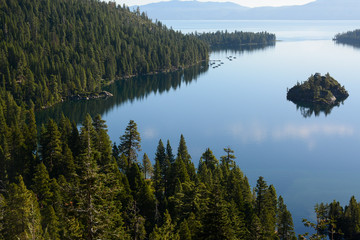 SOUTH LAKE TAHOE, CALIFORNIA, USA - AUGUST 21, 2019:  Emerald Bay on Tahoe Lake in the morning