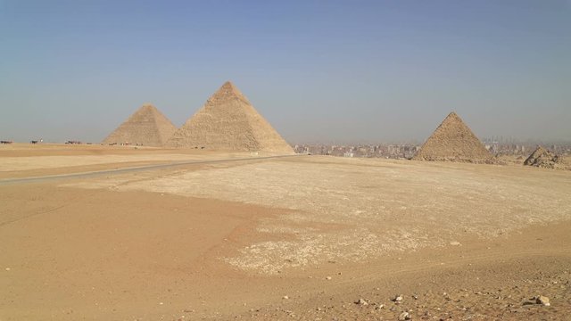 Panoramic view of Egyptian Pyramides located on the Giza Plateau in greater Cairo, Egypt