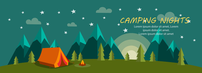 Tent Camping at Night with Mountain and Trees Banner