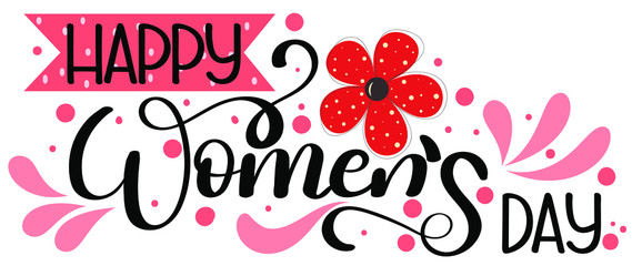 8 March. Happy WOMEN'S DAY text decorated with flowers and hearts of love. Illustration Women's day