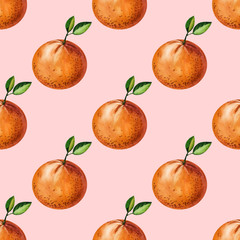 Watercolor seamless floral pattern with orange fruts hand drawing decorative background. Print for textile, cloth, wallpaper, scrapbooking