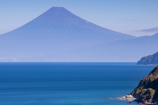 View of Mount Fuji on a peaceful morning from Lover's cape, Izu Peninsula, Japan