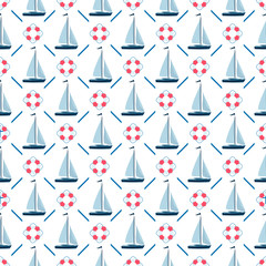 Nautical background. Sailing yacht. Steering wheel. Vector pattern, marine background. Seamless template can be used for wallpaper, pattern fills, web page background, surface textures.