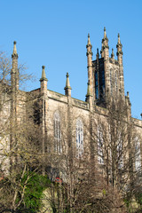View on old Gothic church near Dean village in New Town part of Edinburgh city, capital of Scotland, in sunny day
