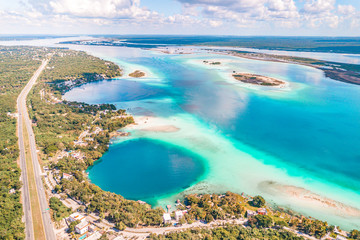 Aerial view of Bacalar Lagoon and Blue Cenote, near Cancun, in Riviera Maya, Mexico