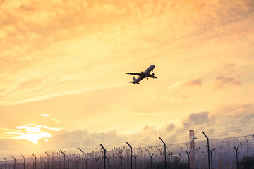 Plane taking off in Barcelona airport, Catalonia, Spain.