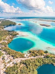 Aerial view of Bacalar Lagoon and Blue Cenote, near Cancun, in Riviera Maya, Mexico