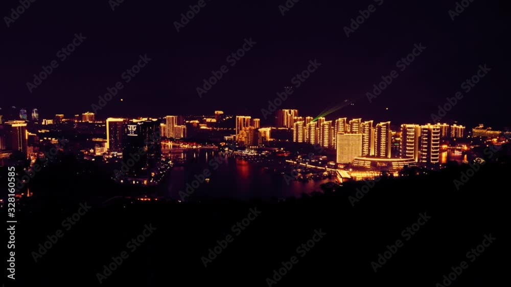 Wall mural drone flying above city at night light illuminated buildings river with yachts - Wall murals