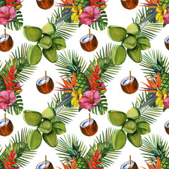 Watercolor seamless floral pattern with fruts hand drawing decorative background. Print for textile, cloth, wallpaper, scrapbooking