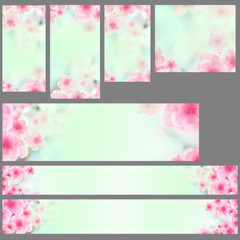 Set of vertical and horizontal Japanese Spring Sakura cherry blossoms website banner backgrounds. 3D Illustration Clip-Art with Floral spring petal design header. copy space in pink, white and green