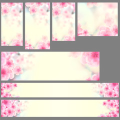Set of vertical and horizontal Japanese Spring Sakura cherry blossoms website banner backgrounds. 3D Illustration Clip-Art with Floral spring petal design header. copy space in pink, yellow and blue