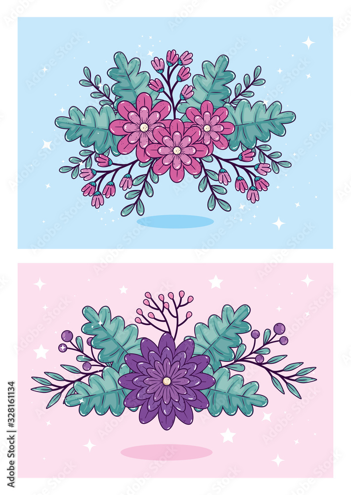 Poster set of cute flowers with leafs decoration