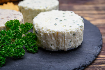 Spread cream cheese with herbs, garlic, chives and spices close up