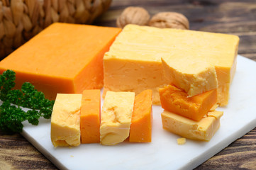 British hard cheeses made from cow milk matured cheddar from Somerset and red leicester