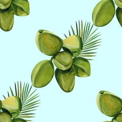 Watercolor seamless pattern with coconut hand drawing decorative background. Print for textile, cloth, wallpaper, scrapbooking