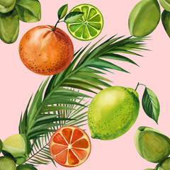 Watercolor seamless floral pattern with fruts hand drawing decorative background. Print for textile, cloth, wallpaper, scrapbooking