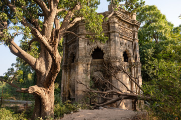 Naklejka premium An ancient, ornate stone tower surrounded with trees and foliage inside the Uparkot Fort in the city of Junagadh in Gujarat, India.