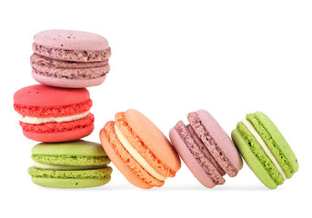 Colorful macaroons isolated on a white background. French sweet delicacy.
