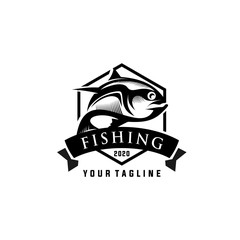 Fototapeta premium Fishing Logo Badge Illustration, Ideal For Fishing Club, Tournament, Restaurant, Fashion Apparel Patch, Sticker, Sign, Event, And Many Other Fishing Related Activities, Fishing Vintage