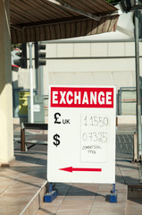 Information board of foreign exchange office is on street