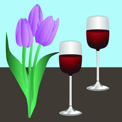 purple tulips and two glasses of red wine