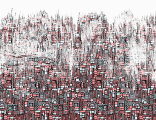 Modern multicolor spotted pop art digital composition with lines, dots and bricks.