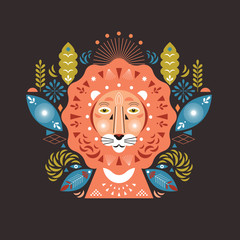 Lion head stylized illustration. Greeting or invitation card. Banner, poster , flyer template. Birthday card. Flat ornamental design, cover design © LenLis