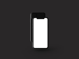 Smartphones in perspective - mockup front side with white screen and back side with camera - black clay render