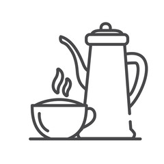Coffee pot and cup. Hot drink. Line art outline vector.