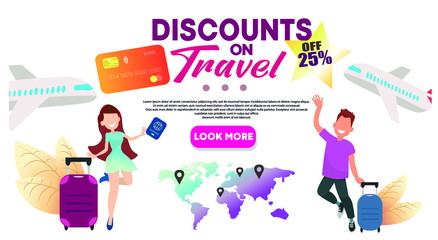 Discounts on trips, tours, holidays abroad. Vector template design for travel agency and travel with travel items. Vector illustration. Скидки на путешествия и туры. Горячие путевки.