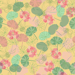 Geranium Dream-Flowers in Bloom Seamless Repeat Pattern. Geranium flowers Leaves pattern background in soft pink and green colours on soft yellow background. Perfect for fabric,scrapbook,wallpaper