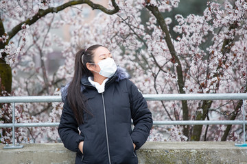 The image face of a young Asian woman wearing a mask to prevent germs, toxic fumes, and dust....